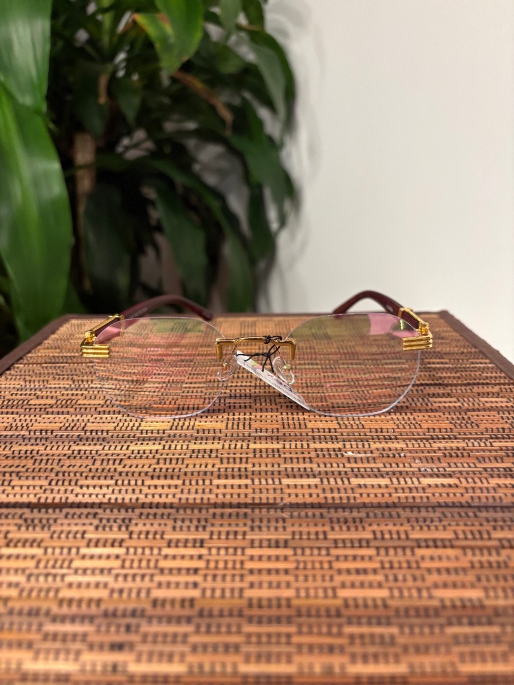 Metal Small Rimless Oval Frame w/ Woodgrain Print Temples Sunglasses (5120REV)